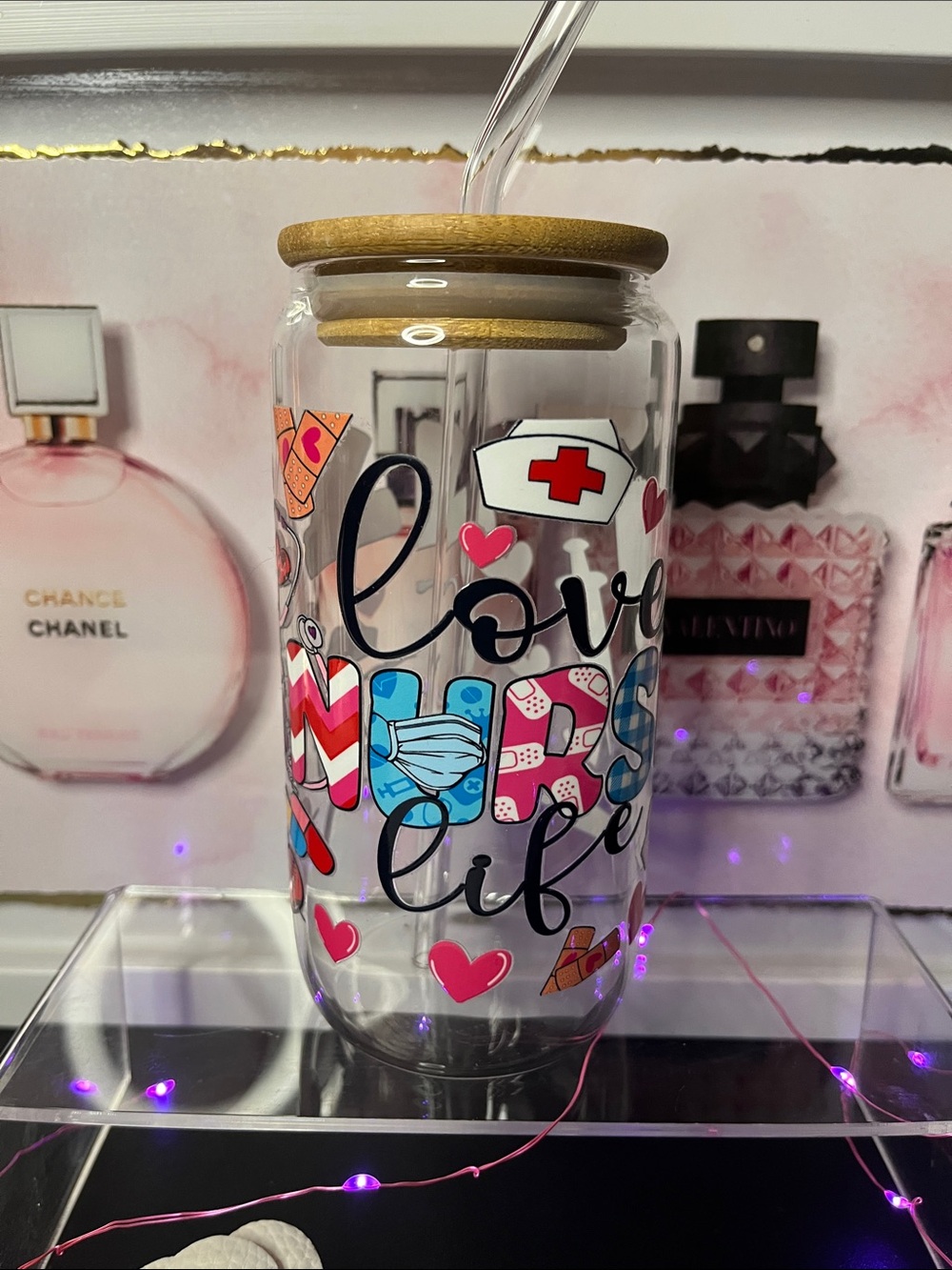 🆕Love Nurses Life Glass Water Bottle with Bamboo Lid